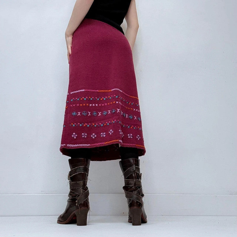 pink hippie knitted embroidered midi skirt