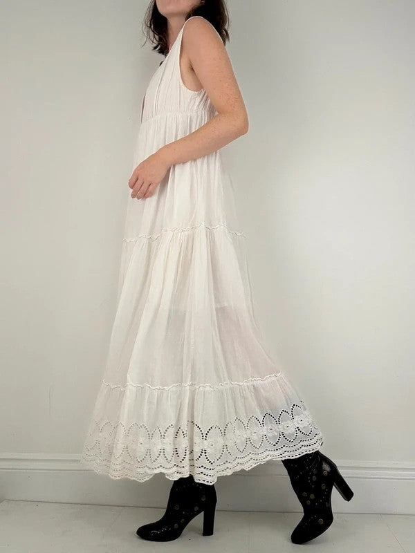white cotton lace pleated tiered maxi dress