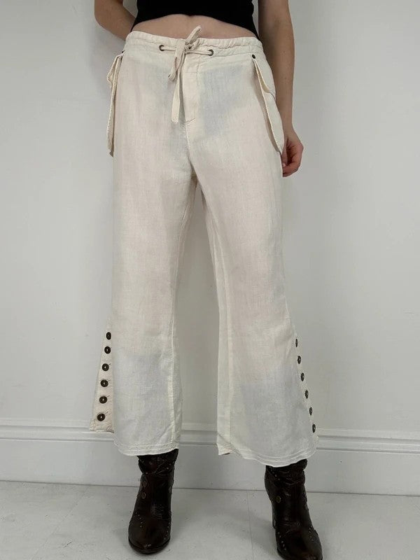 white linen flared utility button trousers