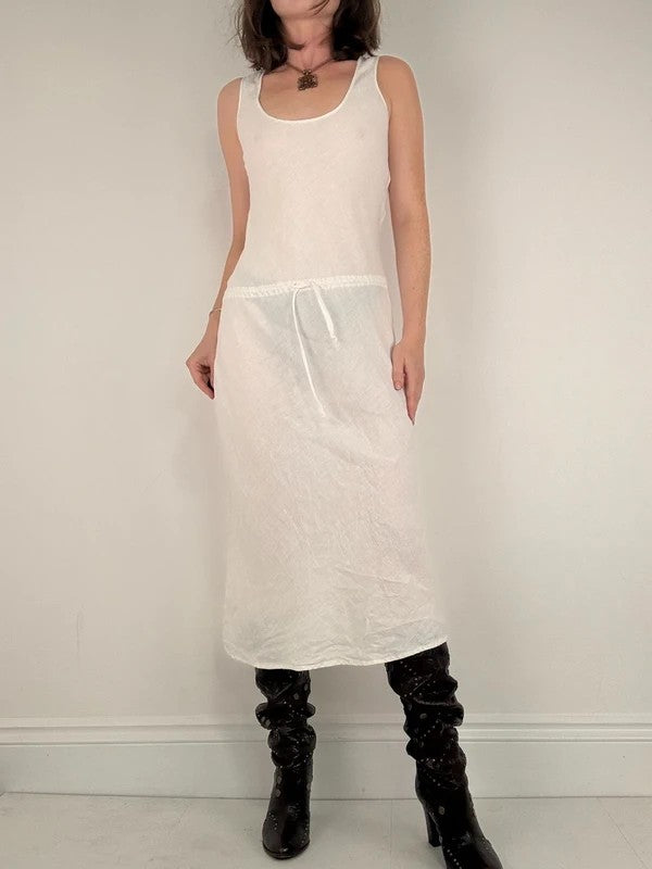 white linen bias cut drop waist maxi dress