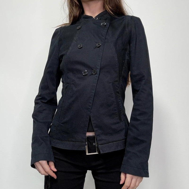 navy pinstripe fitted asymmetric jacket