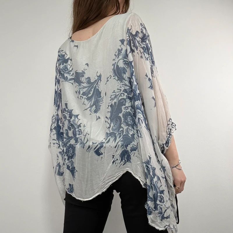 white and blue silk draped regency printed batwing blouse
