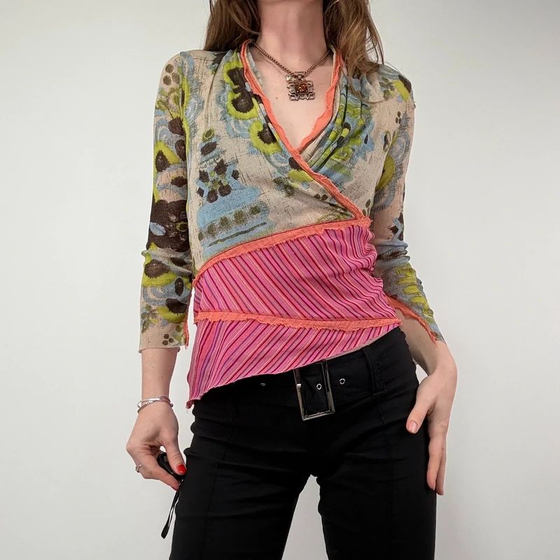 Asymmetric Printed Pinstripe Top