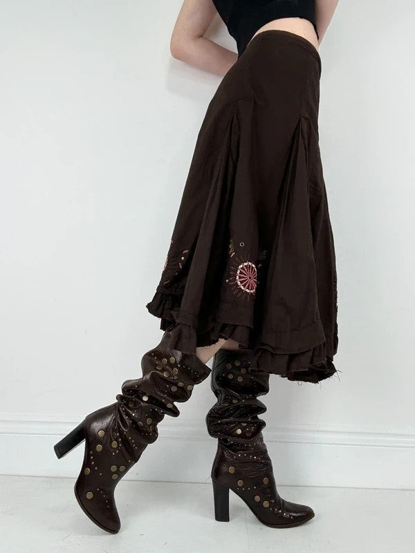 Brown cotton pleated flare boho floral skirt
