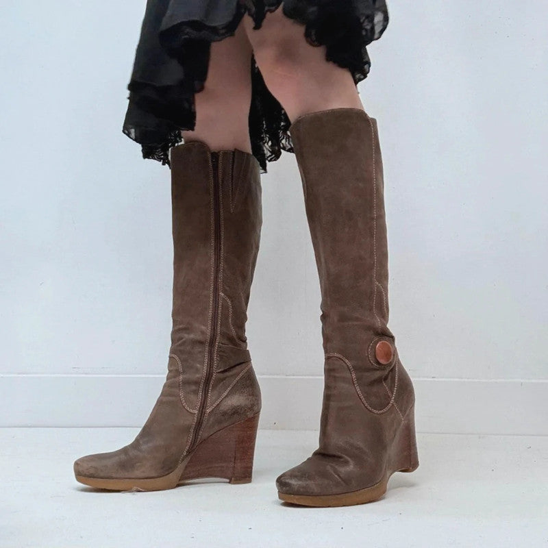 Brown leather wedge knee high boots