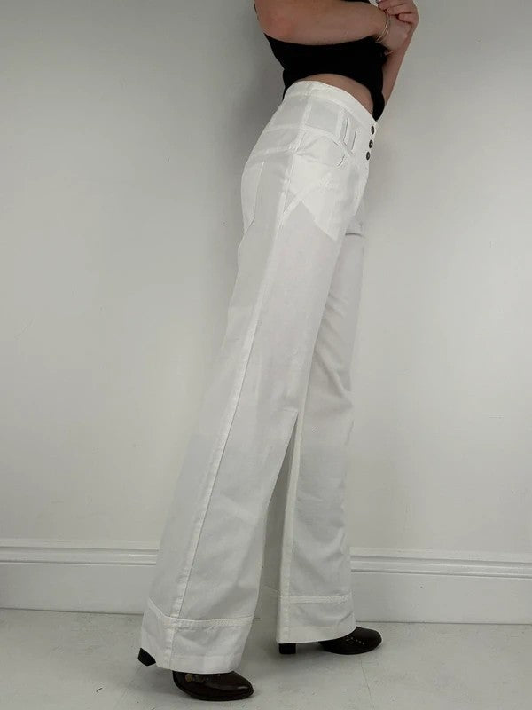 white flared wide leg button front cotton trousers