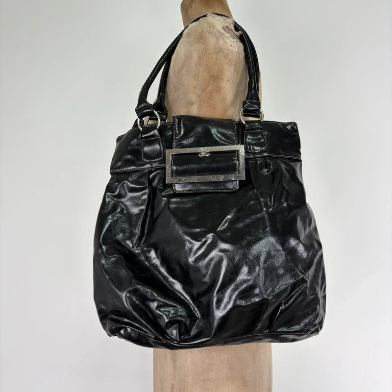 Faux leather patent black Y2K buckle bag