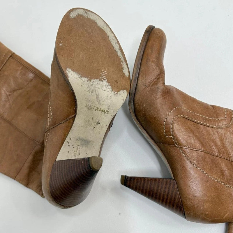 tan leather pointed toe heel boots
