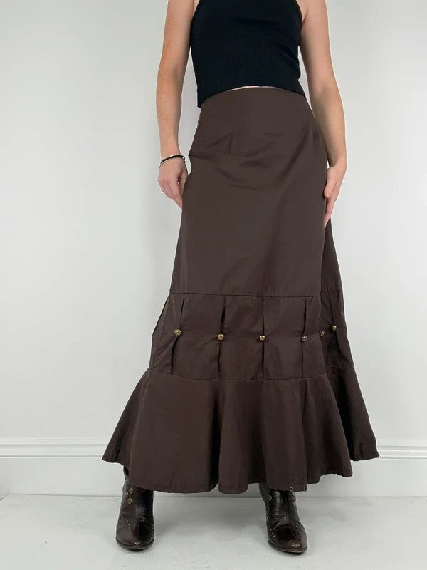 brown flared studded pleated maxi skirt