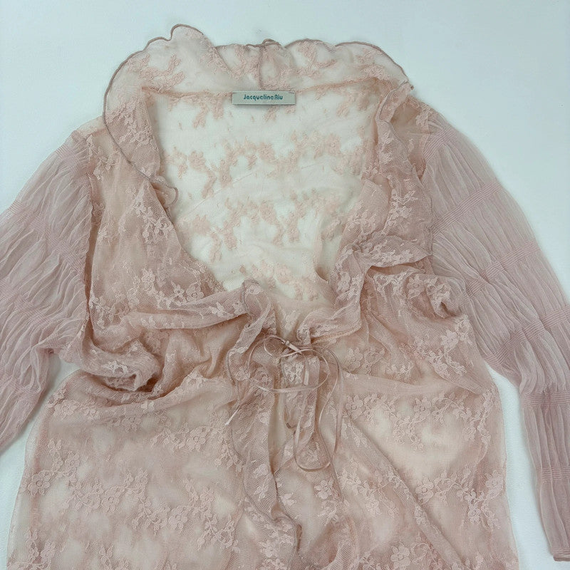 Pale pink floral lace gathered cinched blouse