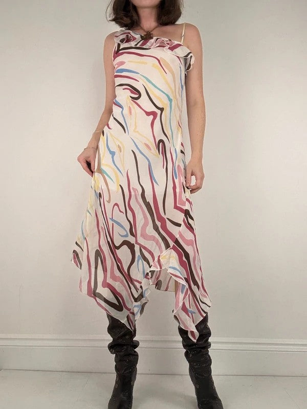 Ruffle multicoloured layered abstract asymmetrical dress