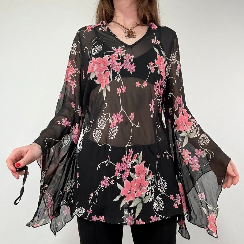 Sheer Black Asymmetric Flutter Blouse