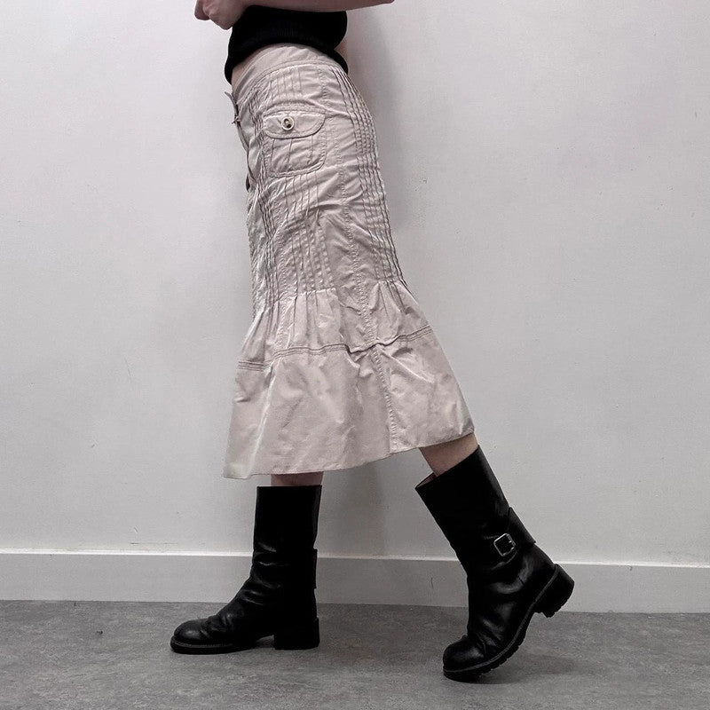 tan pleated flared midi skirt