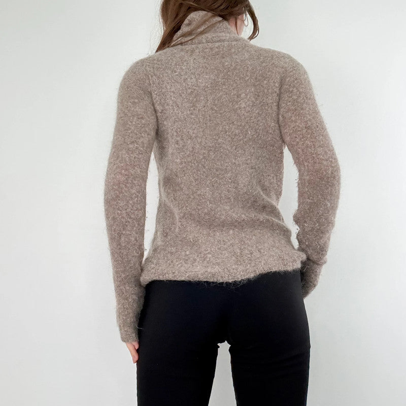 brown taupe fluffy knit mock neck