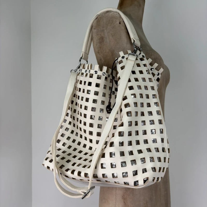 Studded faux-leather woven glitter hobo bag