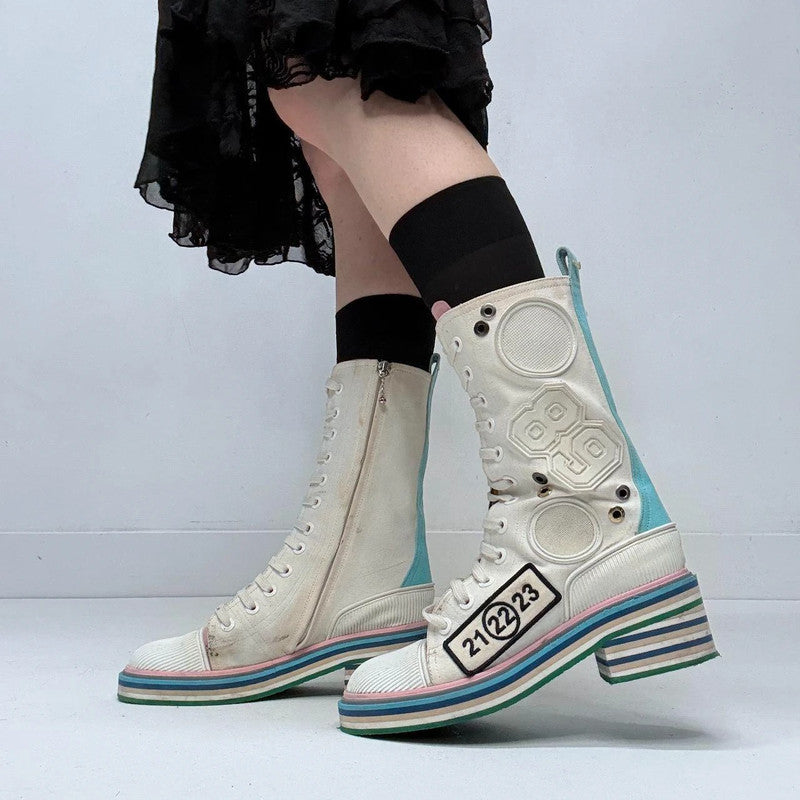 chunky patched cream lace-up margelia boots