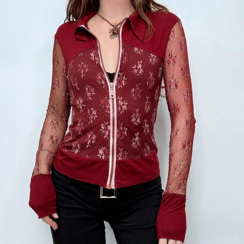 red lace sheer embroidered shirt