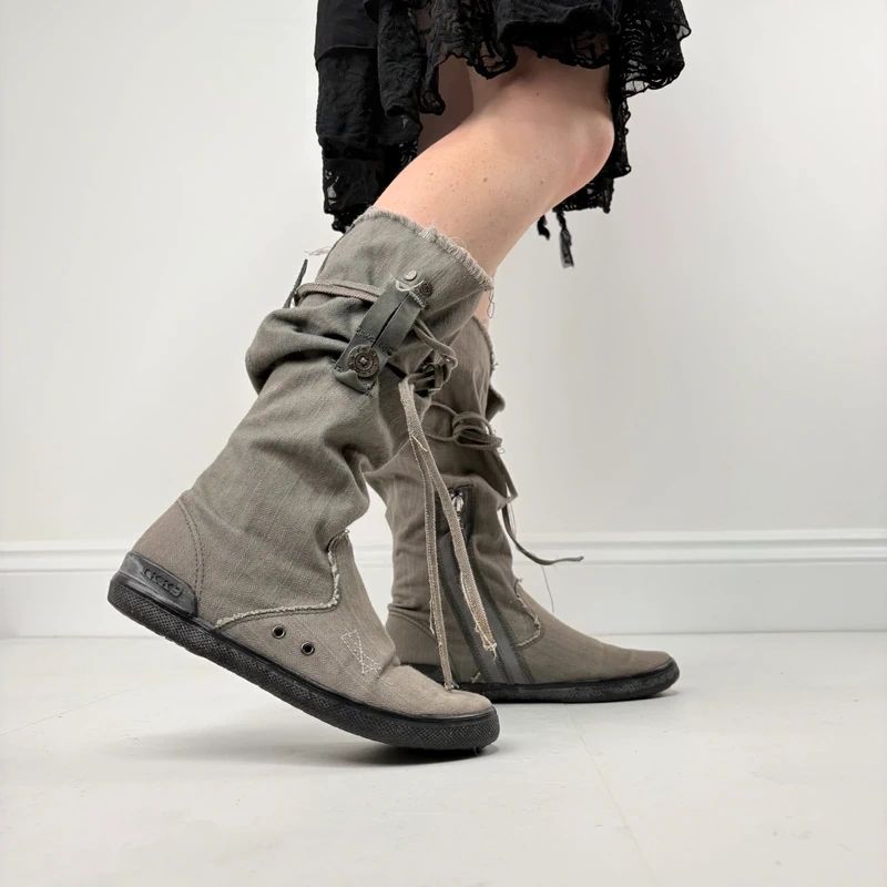 grey canvas slouchy trainer boots
