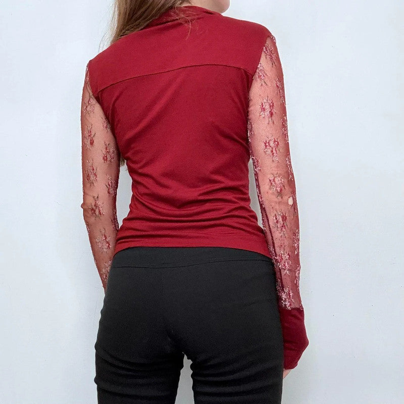 red lace sheer embroidered shirt
