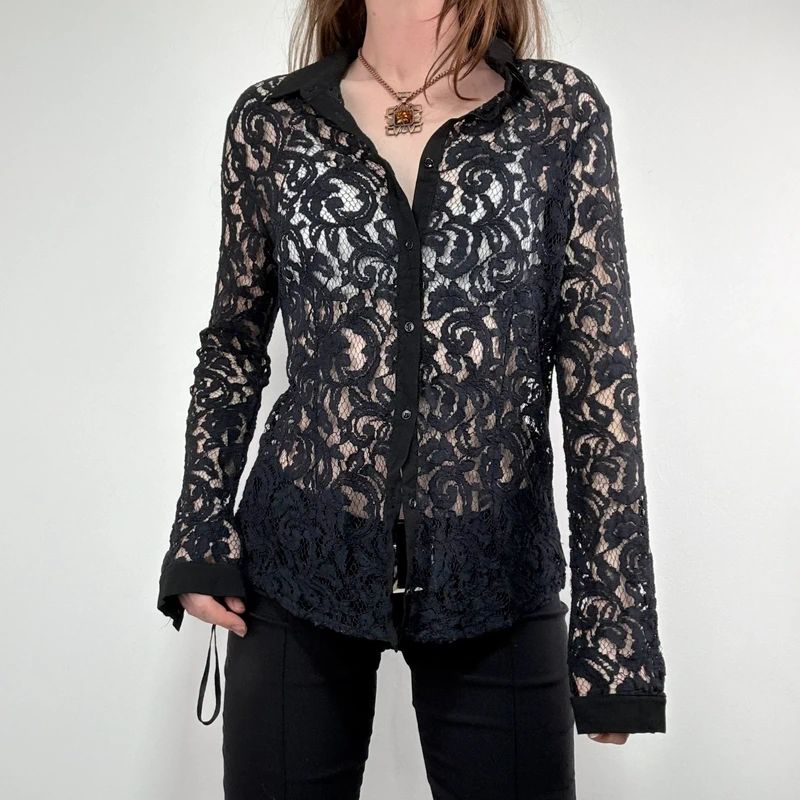 sheer navy lace fitted shirt