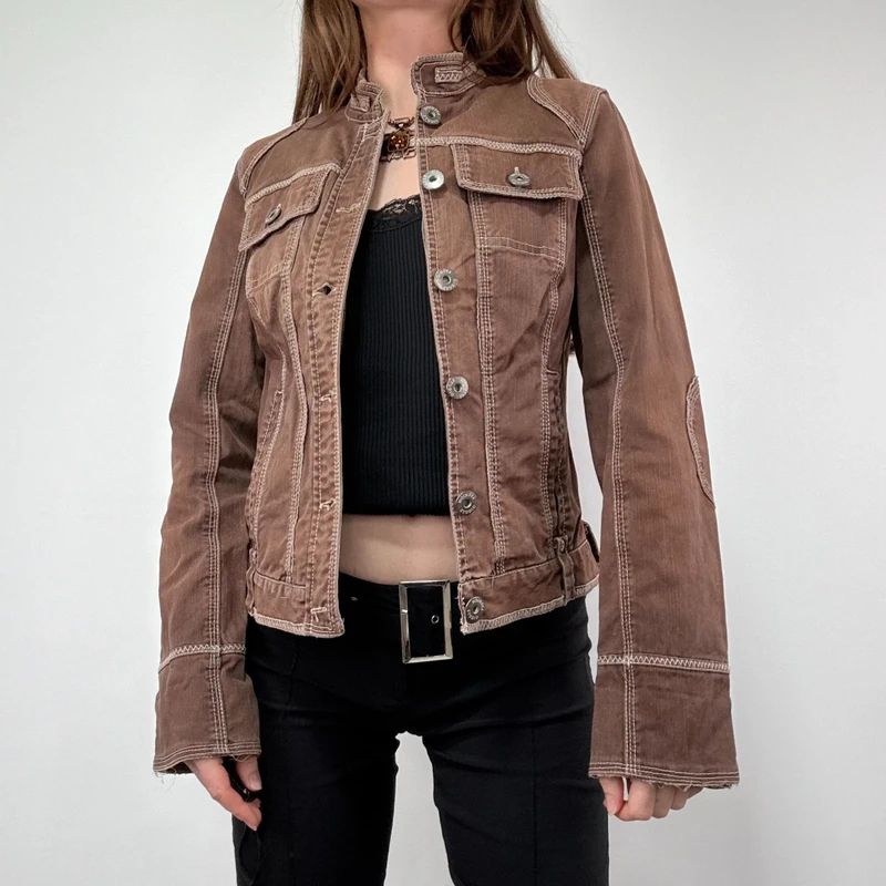 distressed brown cargo denim jacket