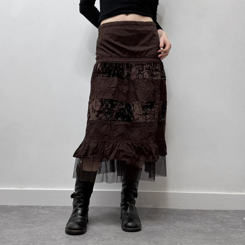 brown velvet lace midi skirt