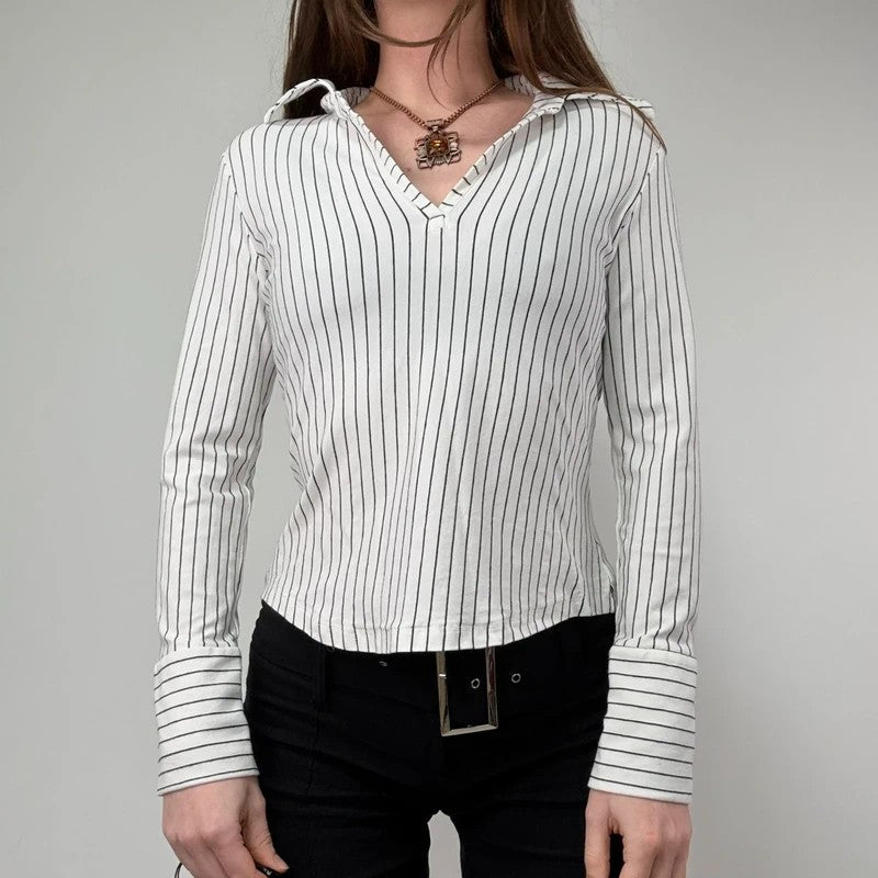 white pinstripe fitted flared shirt