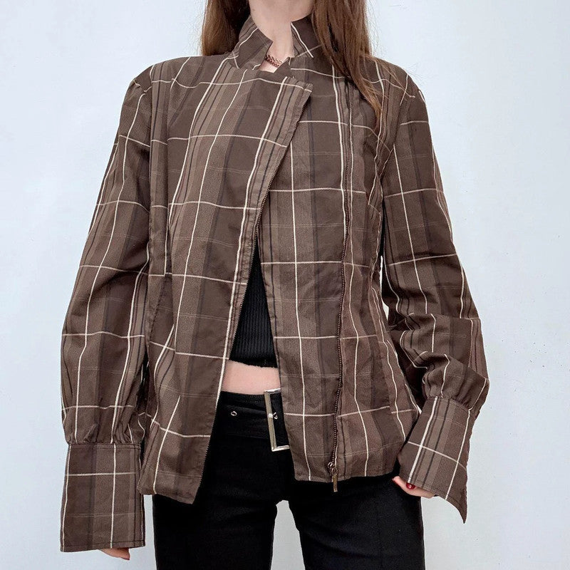 checked flared asymmetric zipper shirt