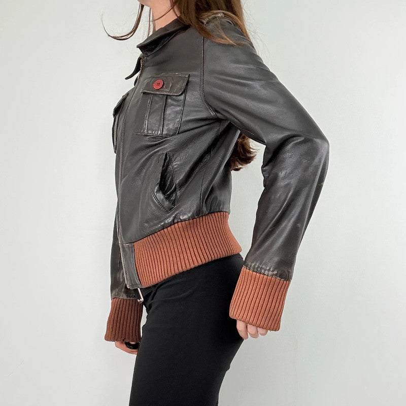 brown leather cinched ribbed waistband jacket