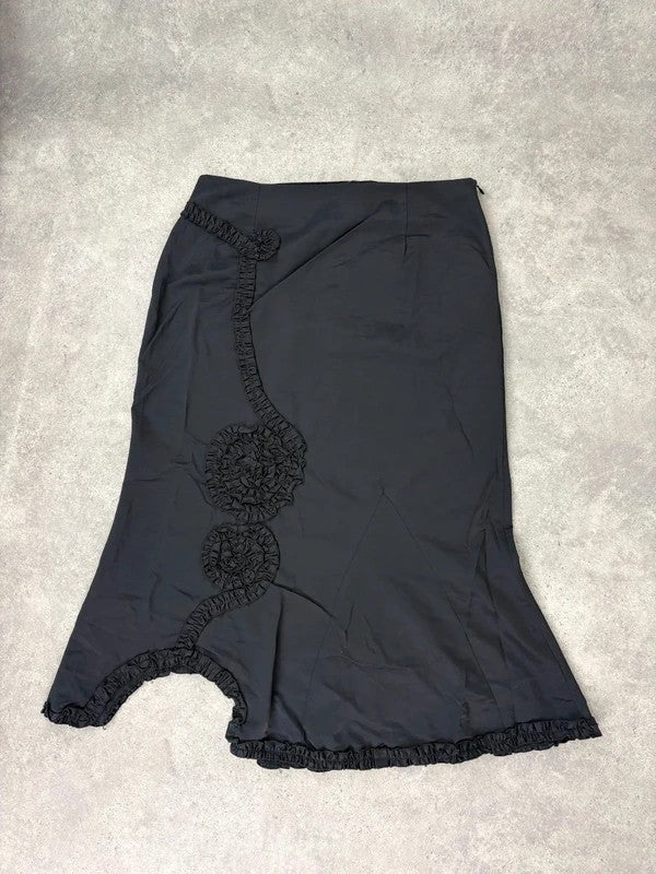 asymmetric black pleated gathered ribbon maxi skirt