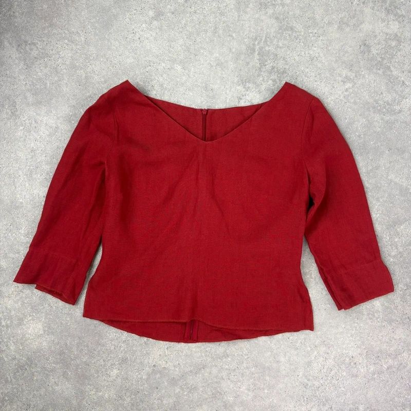 red linen flared fitted slit blouse top
