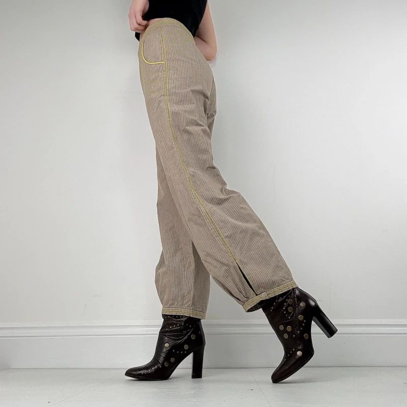 brown pinstripe pleated hem puff cotton trousers