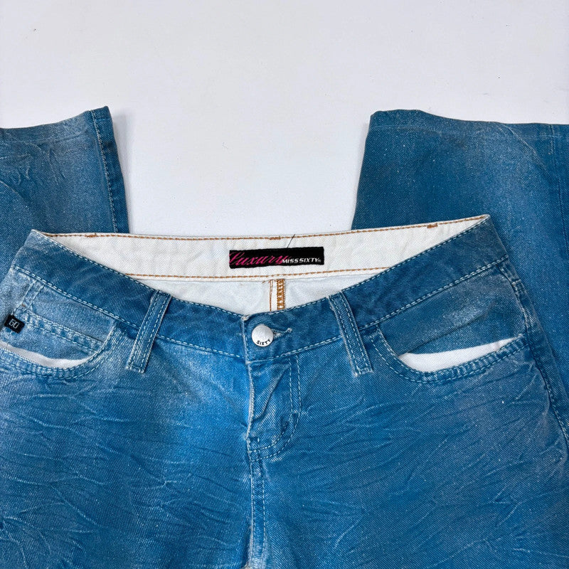 low-rise distressed blue crinkle jeans
