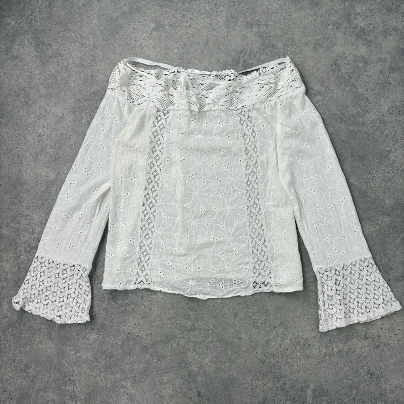 white lace embroidered off the shoulder lace blouse