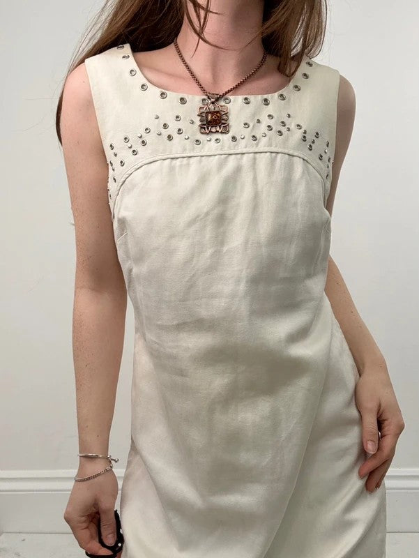 cream cotton linen a-line studded midi dress