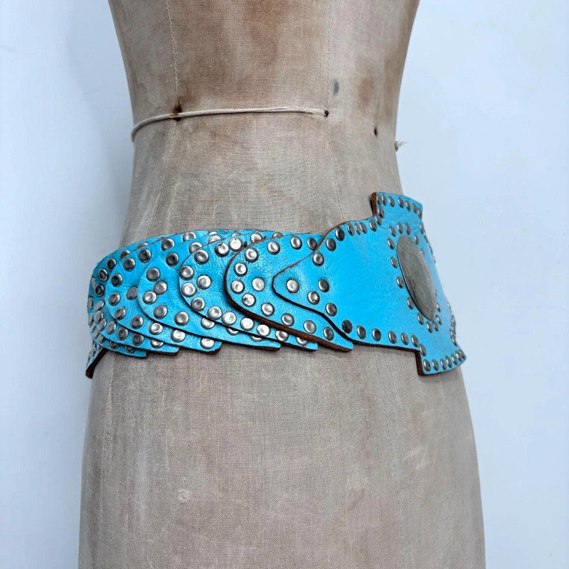 blue western leather studded metal belt