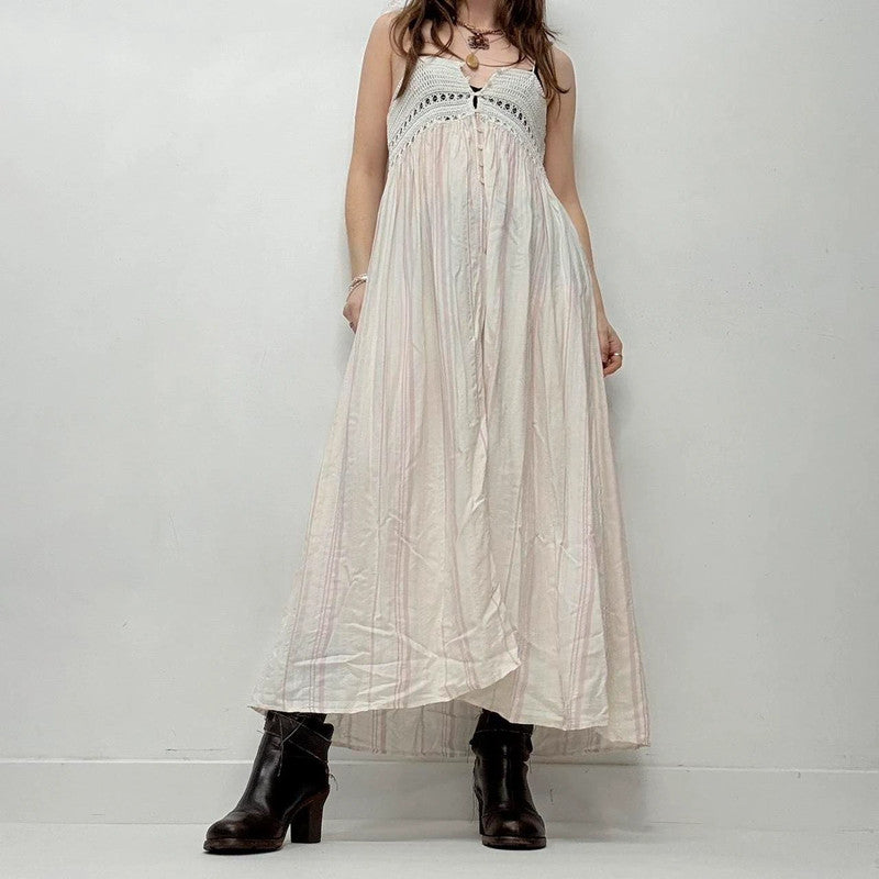 cream pinstripe crochet boho dress