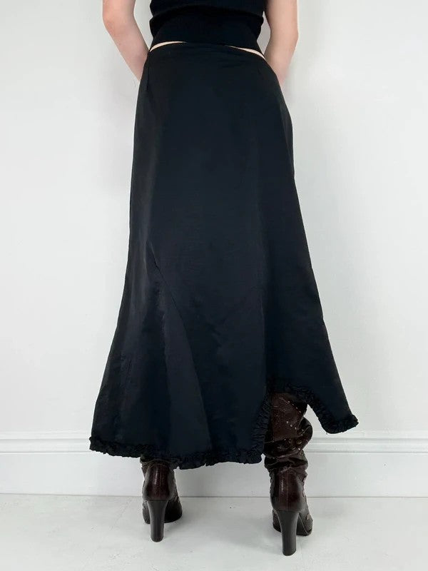 asymmetric black pleated gathered ribbon maxi skirt