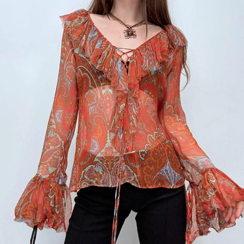 paisley sheer silk flared ruffle shirt