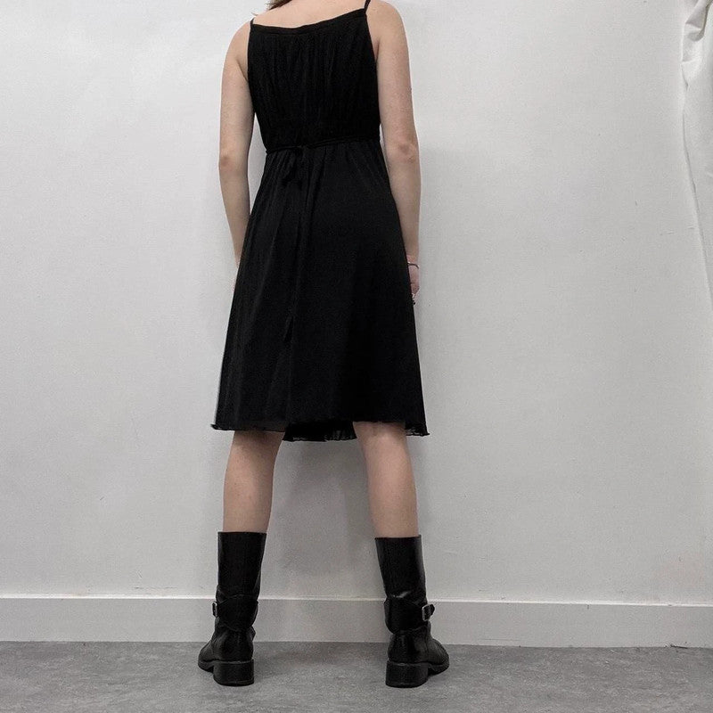 black pleated cinched mini dress