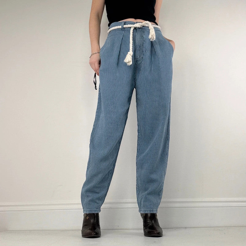 pleated pinstripe barrel trousers