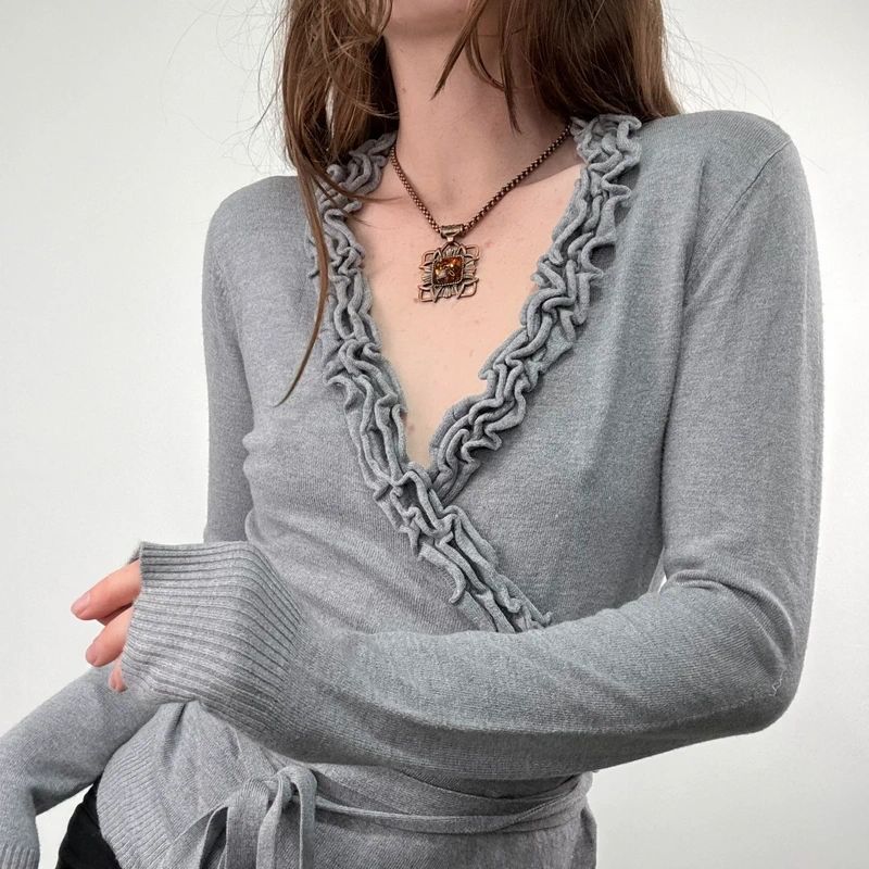 grey knit ruffle wrap cardigan