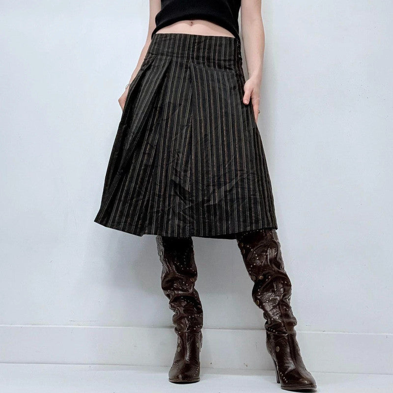 black pinstripe flared midi skirt