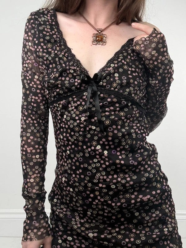 black polkadot long sleeve mesh slouchy dress