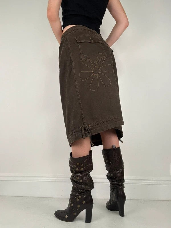 brown khaki pinstripe a-line midi skirt