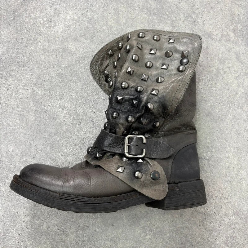 Grey studded slouchy leather boots