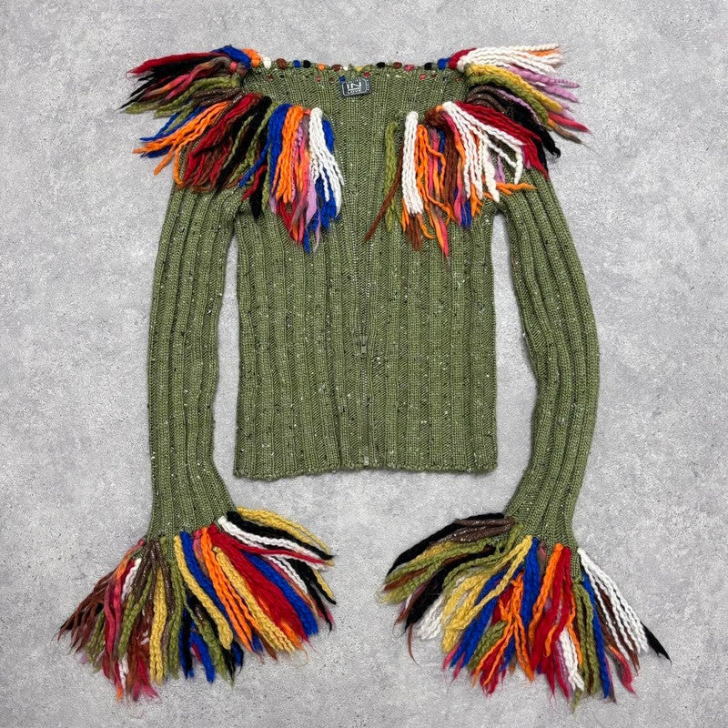 ribbed knit tassel flared cardigan