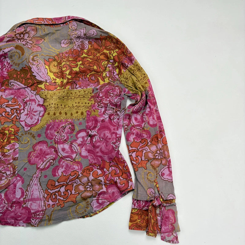 pink and brown floral printed flared shirt