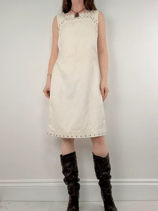 cream cotton linen a-line studded midi dress