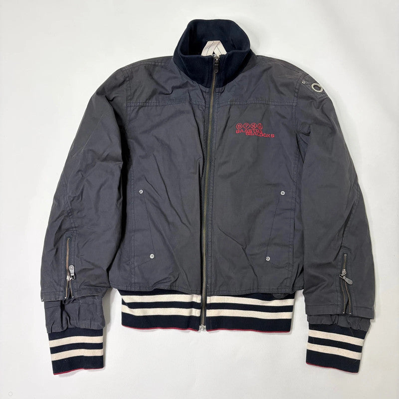 navy bomber jacket, thick striped waistband